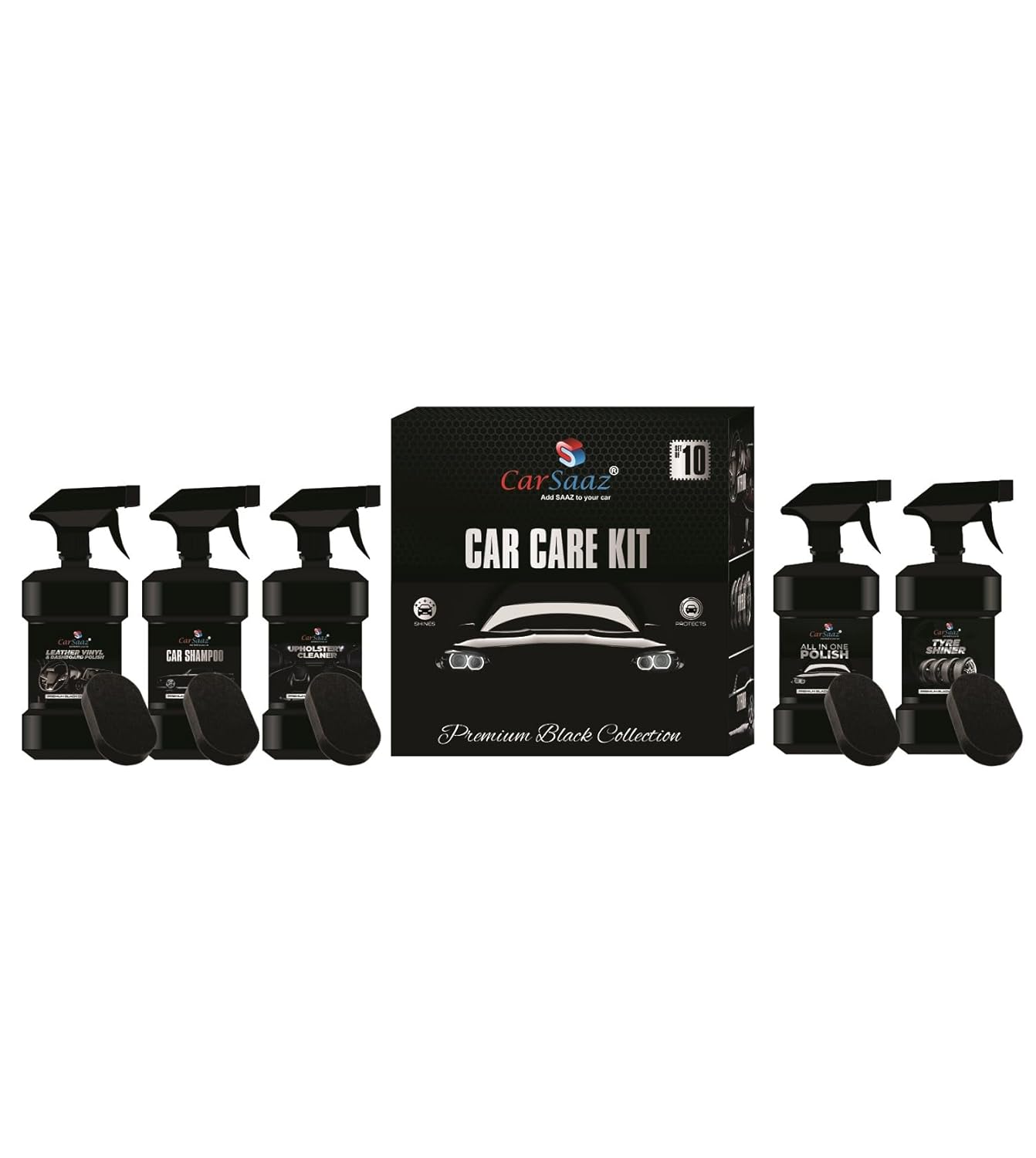 CAR SAAZ Car Polish Kit Pack of 10 Pcs | Exterior Body Polish | Dashboard Polish | All in One Polish | Upholstery Cleaner | Car Shampoo | Tyre Shiner | 5 Applicator Pads