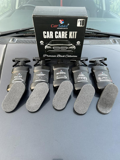 CAR SAAZ Car Polish Kit Pack of 10 Pcs | Exterior Body Polish | Dashboard Polish | All in One Polish | Upholstery Cleaner | Car Shampoo | Tyre Shiner | 5 Applicator Pads