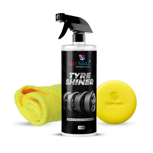 Tyre Polish 1 Ltr with Applicator Pad and Microfiber Cloth 380 GSM | Car and Bike Tyre Shiner | Instant Tyre Shiner Prevents Fading and Cracking | Long Lasting Shine, Deep Gloss, Tyre Dresser