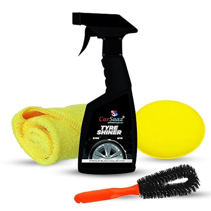 CAR SAAZ Tyre Care Combo | Tyre Shiner (380 ML), Tyre Brush, Applicator Pad, Microfiber Cloth (320 GSM) | Premium Car & Bike Tyre Polish Combo | Glossy Finish, Shine & Protect