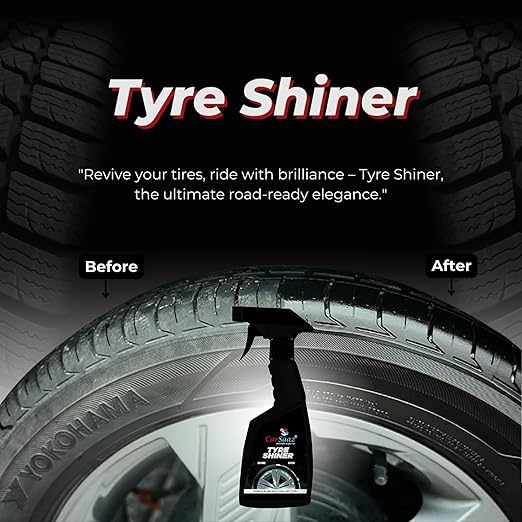 CAR SAAZ Tyre Care Combo | Tyre Shiner (380 ML), Tyre Brush, Applicator Pad, Microfiber Cloth (320 GSM) | Premium Car & Bike Tyre Polish Combo | Glossy Finish, Shine & Protect