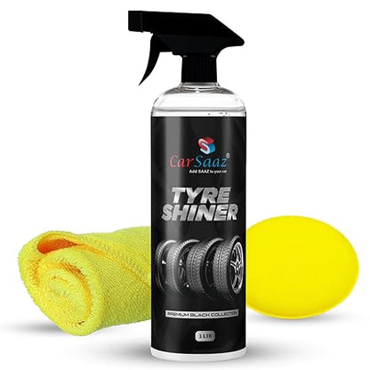 CAR SAAZ Tyre Polish 1 Ltr with Applicator Pad and Microfiber Cloth 380 GSM | Car and Bike Tyre Shiner | Instant Tyre Shiner Prevents Fading and Cracking | Long Lasting Shine, Deep Gloss, Tyre Dresser