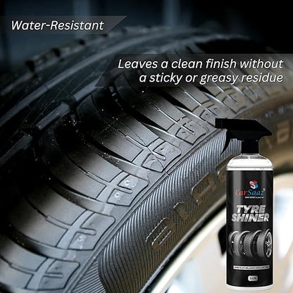 CAR SAAZ Tyre Polish 1 Ltr with Applicator Pad and Microfiber Cloth 380 GSM | Car and Bike Tyre Shiner | Instant Tyre Shiner Prevents Fading and Cracking | Long Lasting Shine, Deep Gloss, Tyre Dresser